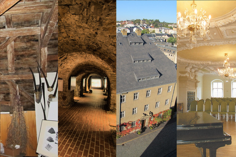 Collage von Innen- und Außenansichten des Museums für Naturkunde Gera