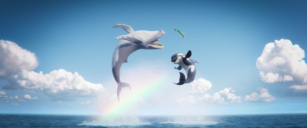 Ein Wal und ein Delfin springen aus dem Meer und schauen sich gegensei
