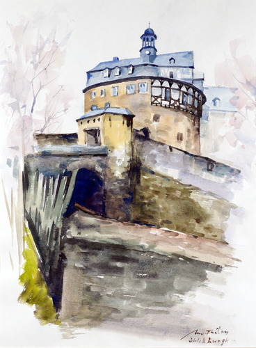 Aquarell von Manfred Feiler mit Ansicht des Schlosses Burgk: Im Vorder