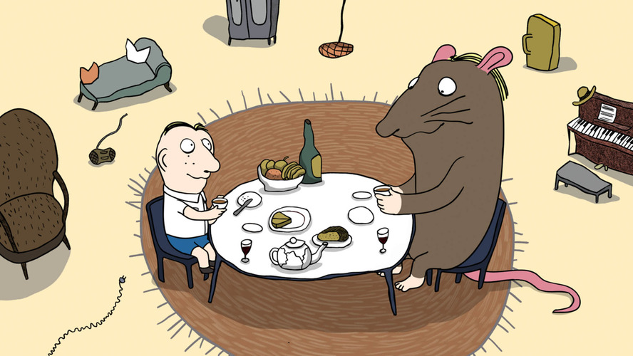 Illustration von einer Maus und einem Jungen, sie sitzen gemeinsam am 