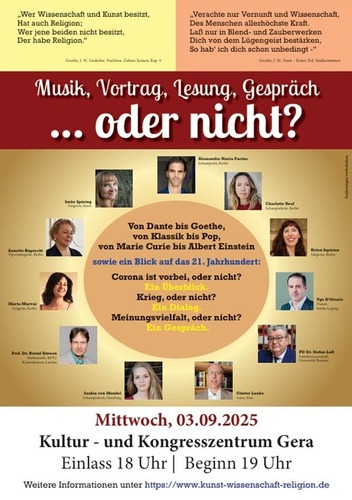 Plakat Kunst - Wissenschaft - Religion Musik, Vortrag, Lesung, Gespräc