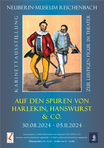 Plakat der Sonderausstellung "Harlekin, Hanswurst & Co" im Neuberin-Mu