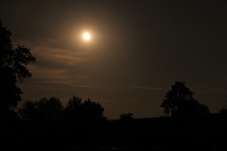Blick in den dunklen Nachthimmel mit Mond im Dunst bei Zedlitz/Seifers